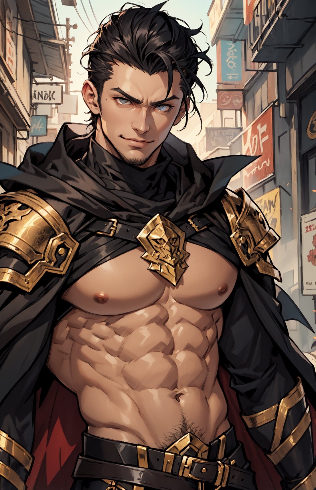 1man, handsome, ikemen, male lead, black hair, slicked back hair, beautiful, (black breastplate), (black cloak), brown eyes, (tan skin), (perfect face), (detailed eyes), strong jaw, vibrant eyes, smirk, villain, masculine, slender, pretty boy, webcomic, manhwa, big bulge