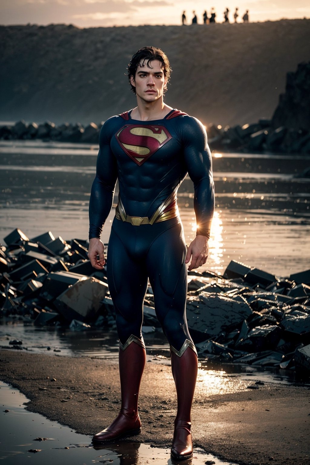 Photo of Henry Cavill as a superman, good locking, messy black hair, blue eyes, Athletic, standing on the spooky wet warzone, full body, sunset after rain, epic background, into the dark, deep shadow, dramatic lighting, twilight portrait, masterpiece, best quality 