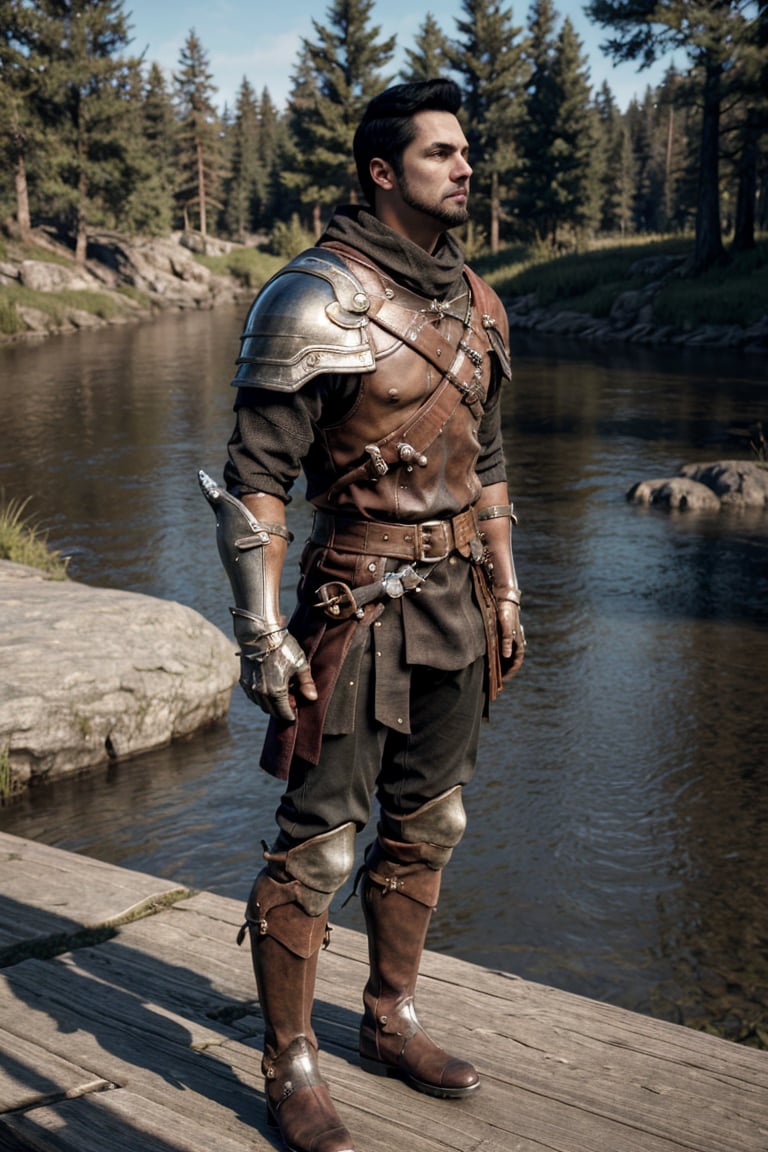 bdo_warrior, realistic image, 1man, full body, right side view, looking at viewer, short black hair, facial hair, leather armor, pauldrons, leather gloves, leather boots, next to a river, forest, masterpiece, perfect anatomy, perfect hands, perfect face, detailed face, handsome face, 8k, best quality, detailed image, photographic image