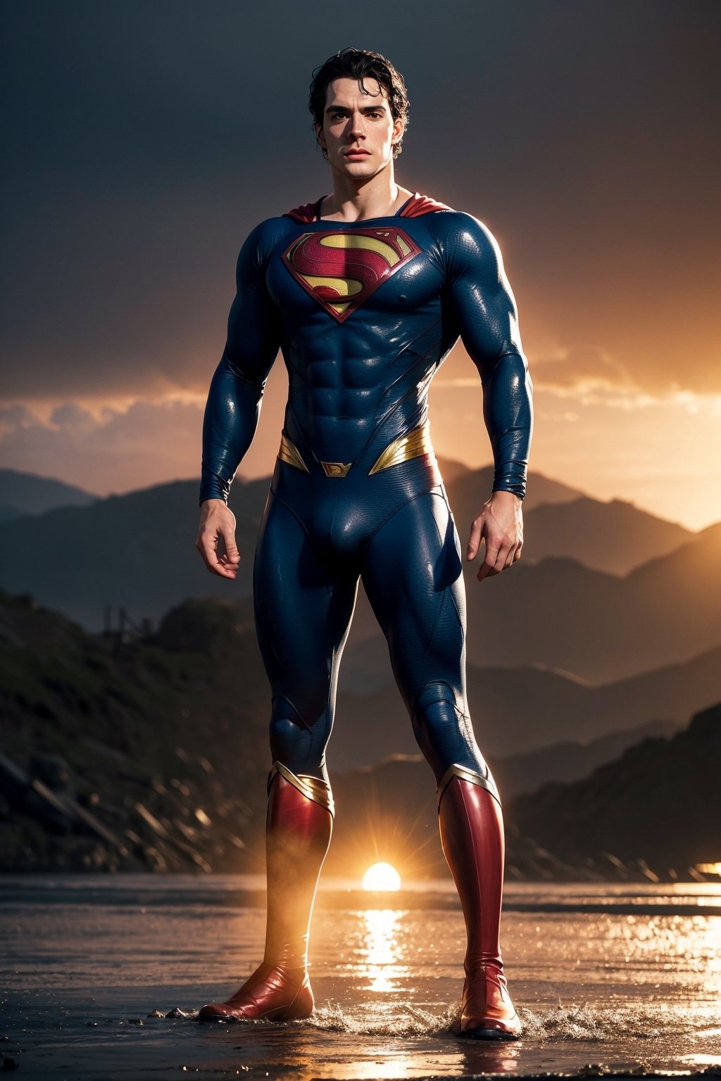 Photo of Henry Cavill as a superman, good locking, messy black hair, blue eyes, Athletic, standing on the spooky wet warzone, full body, sunset after rain, epic background, into the dark, deep shadow, dramatic lighting, twilight portrait, masterpiece, best quality, big bulge.