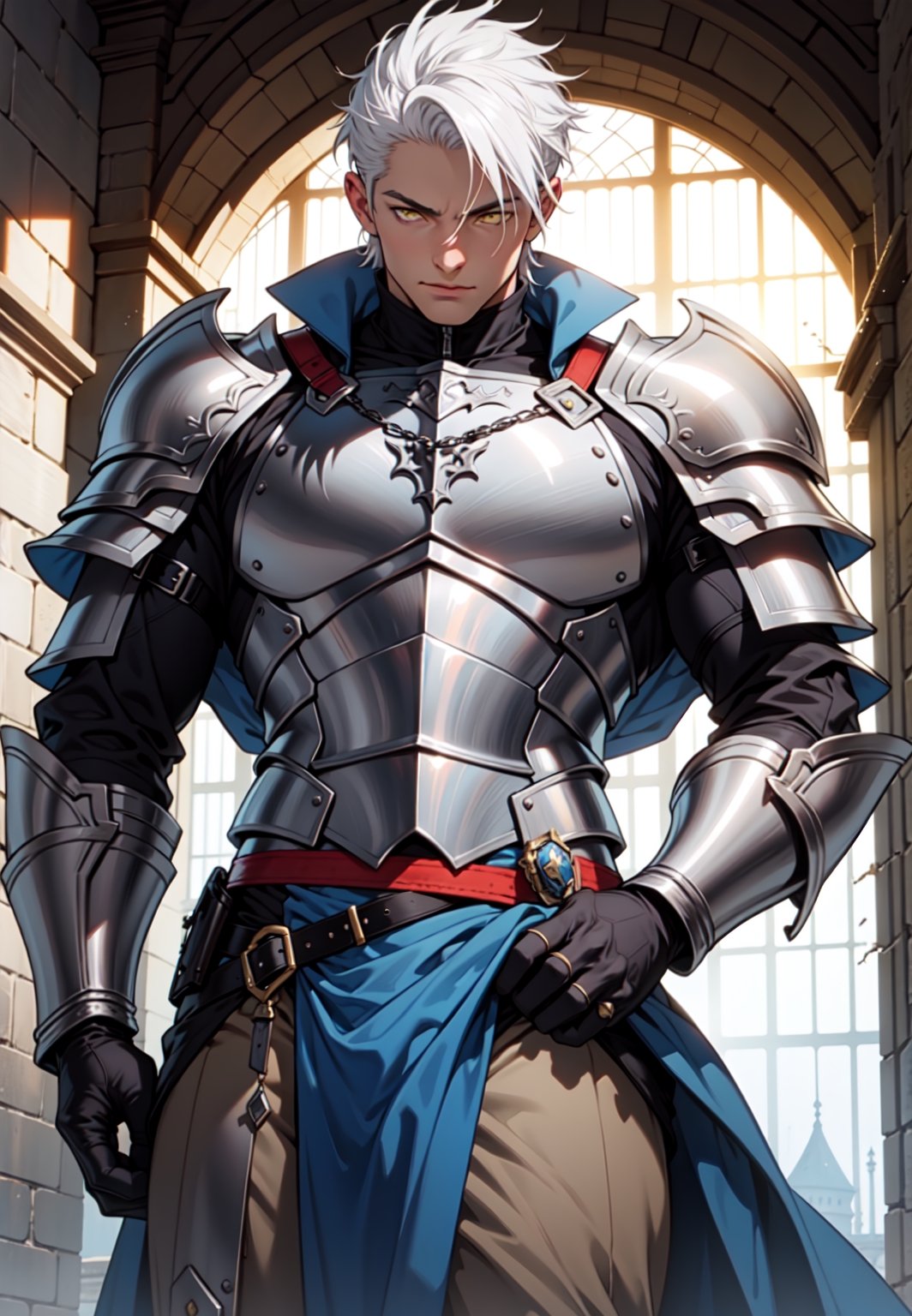 best quality , masterpiece, male, men,1guy, Victorian, Black knight armor* white hair, yellow eyes, huge long sword, castle, big bulge, bulge focus, large bulges in the crotch