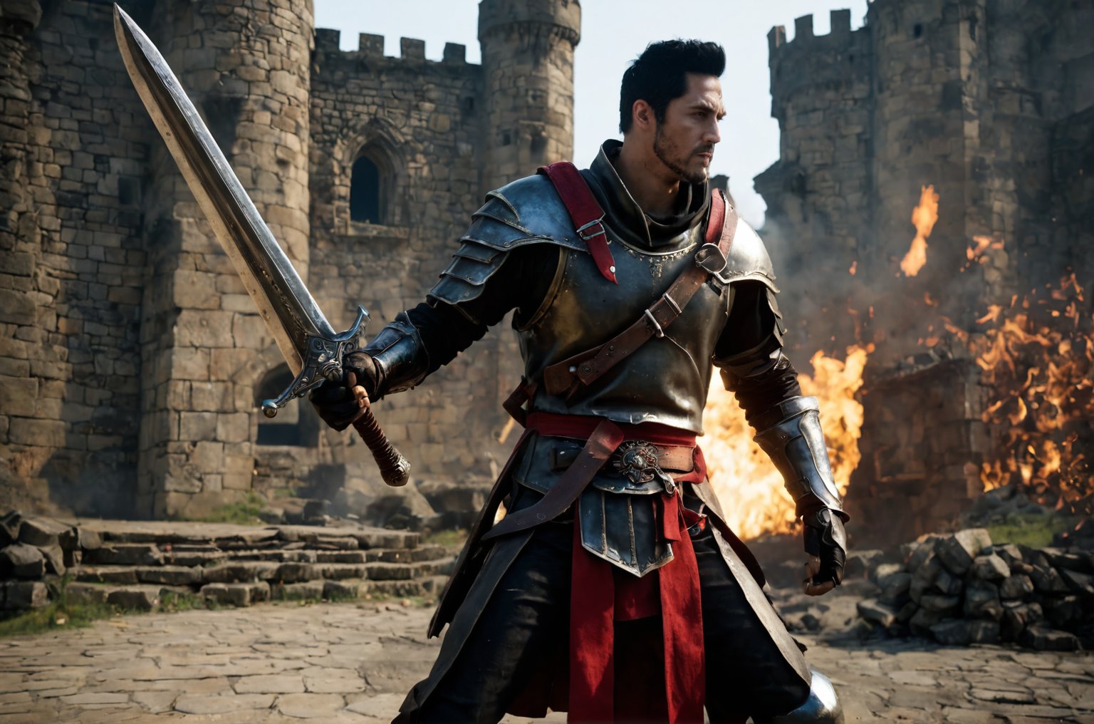 bdo_warrior, scene from movie, 1man, back view, holding greatsword, slashing greatsword, spark trail, short black hair, facial hair, red eyes, Trailblazer outfit, brown armor, belt over chest, metal gauntlet and leather glove, background of castle ruins, fire and smoke, sophisticated details, sharp focus, masterpiece, perfect anatomy, perfect face, detailed face, handsome face, perfect hands, best quality, 8k