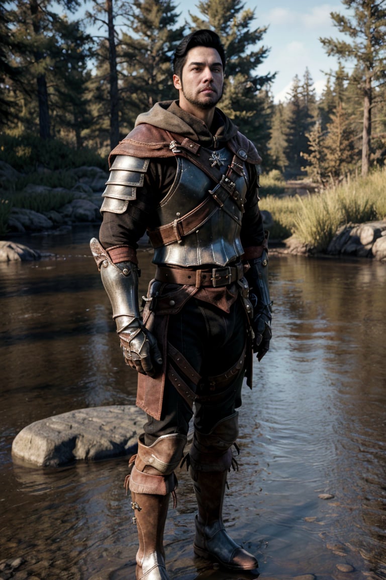 bdo_warrior, realistic image, 1man, full body, looking at viewer, short black hair, facial hair, leather armor, pauldrons, leather gloves, leather boots, next to a river, forest, masterpiece, perfect anatomy, perfect hands, perfect face, detailed face, handsome face, 8k, best quality, detailed image, photographic image, big bulge