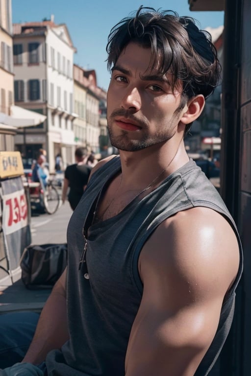 Wearing a sleeveless T-shirt, (photorealistic), cinematic film still. beautiful lighting, best quality, realistic, full length portrait, real image, intricate details, depth of field, 1 Italian man, scruff, handsomely tanned olive skin, highly detailed, captivating facial features, tall, anatomically correct, Fujifilm XT3, outdoors, open field, atmospheric glow, RAW photo, 8k uhd, film grain, 6000, male, Movie Still, photo r3al, Film Still, Cinematic, Cinematic Shot, Male focus, Italian Male, AngelicStyle, Cinematic Lighting, Germany Male, Muscular, France Male, European Country would you Like, ,better_hands