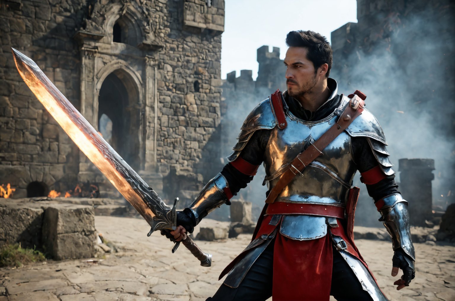 bdo_warrior, scene from movie, 1man, back view, holding greatsword, slashing greatsword, spark trail, short black hair, facial hair, red eyes, Trailblazer outfit, brown armor, belt over chest, metal gauntlet and leather glove, background of castle ruins, fire and smoke, sophisticated details, sharp focus, masterpiece, perfect anatomy, perfect face, detailed face, handsome face, perfect hands, best quality, 8k