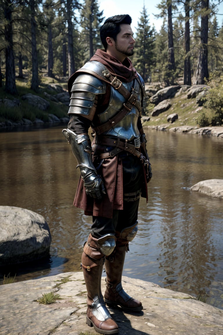 bdo_warrior, realistic image, 1man, full body, right side view, looking at viewer, short black hair, facial hair, leather armor, pauldrons, leather gloves, leather boots, next to a river, forest, masterpiece, perfect anatomy, perfect hands, perfect face, detailed face, handsome face, 8k, best quality, detailed image, photographic image