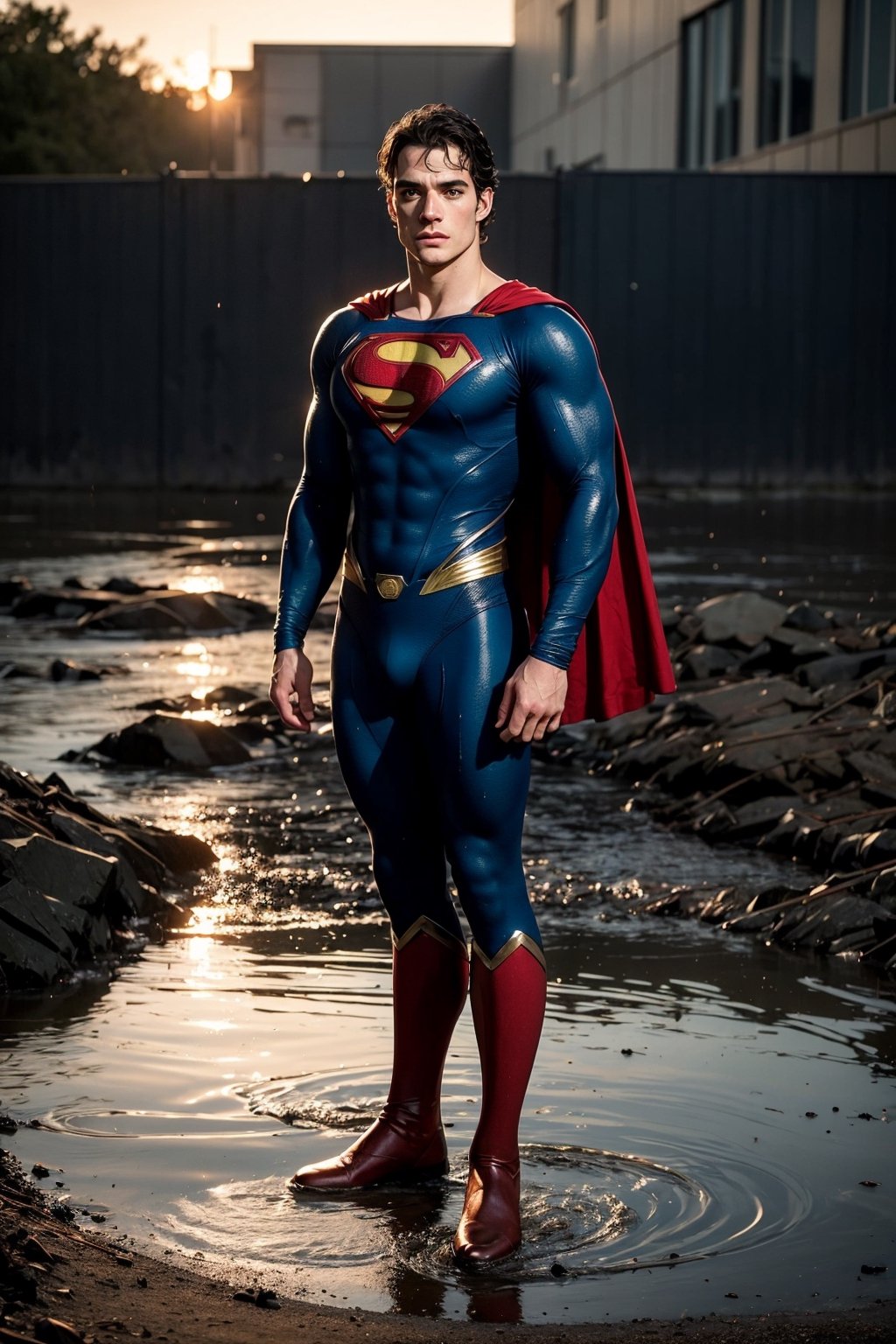 Photo of Henry Cavill as a superman, good locking, messy black hair, blue eyes, Athletic, standing on the spooky wet warzone, full body, sunset after rain, epic background, into the dark, deep shadow, dramatic lighting, twilight portrait, masterpiece, best quality 