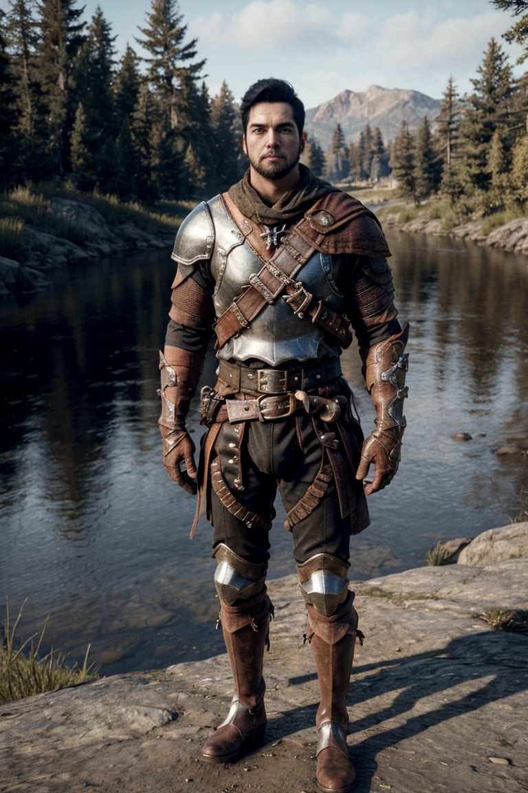 bdo_warrior, realistic image, 1man, full body, looking at viewer, short black hair, facial hair, leather armor, pauldrons, leather gloves, leather boots, next to a river, forest, masterpiece, perfect anatomy, perfect hands, perfect face, detailed face, handsome face, 8k, best quality, detailed image, photographic image, big bulge