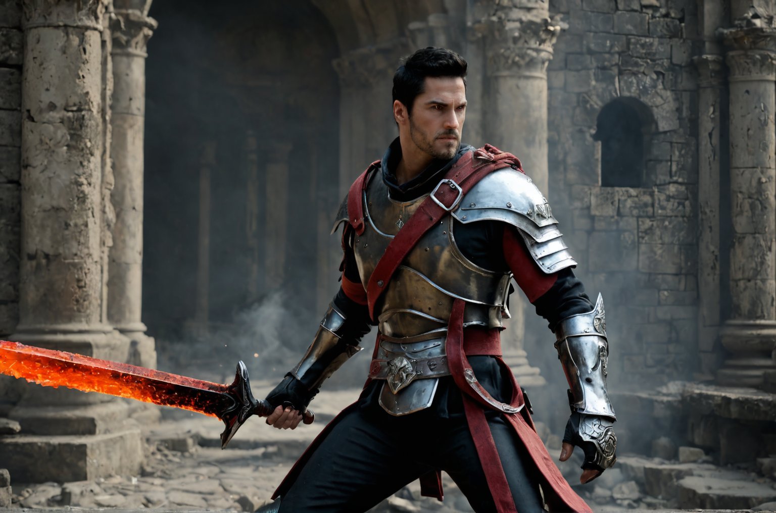 bdo_warrior, scene from movie, 1man, upper body, left side view, slashing sword, spark trail, black and red energy, black and red smoke, short black hair, facial hair, red eyes, Trailblazer outfit, brown armor, belt over chest, metal gauntlet and leather glove, background of ruins, sophisticated details, sharp focus, masterpiece, perfect anatomy, perfect face, detailed face, handsome face, perfect hands, best quality, 8k,  big bulge