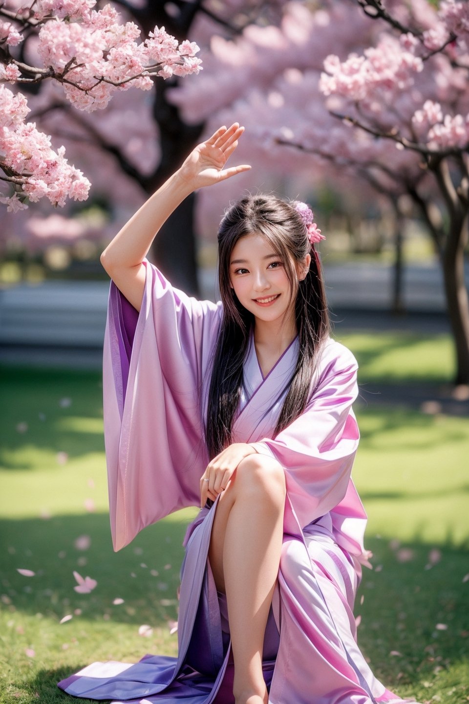 sit under Yoshino Cherry tree, blown , pink purple kimono, smile, 3/4 pose, night, long straight hair,