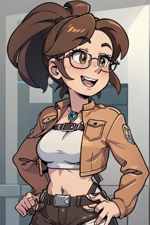 masterpiece, best quality, Juliahange, happy, 1girl, brown eyes, chestnut hair, ponytail, short hair, hair pulled back, Cinnamon jacket, top white, glasses,Juliahange,Pixel art,Cartoon