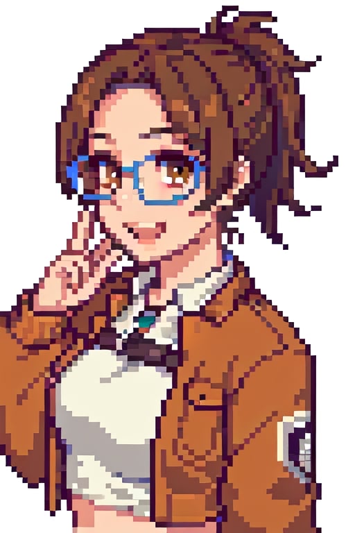 masterpiece, best quality, Juliahange, happy, 1girl, brown eyes, chestnut hair, ponytail, short hair, hair pulled back, Cinnamon jacket, top white, glasses,Juliahange,Pixel art