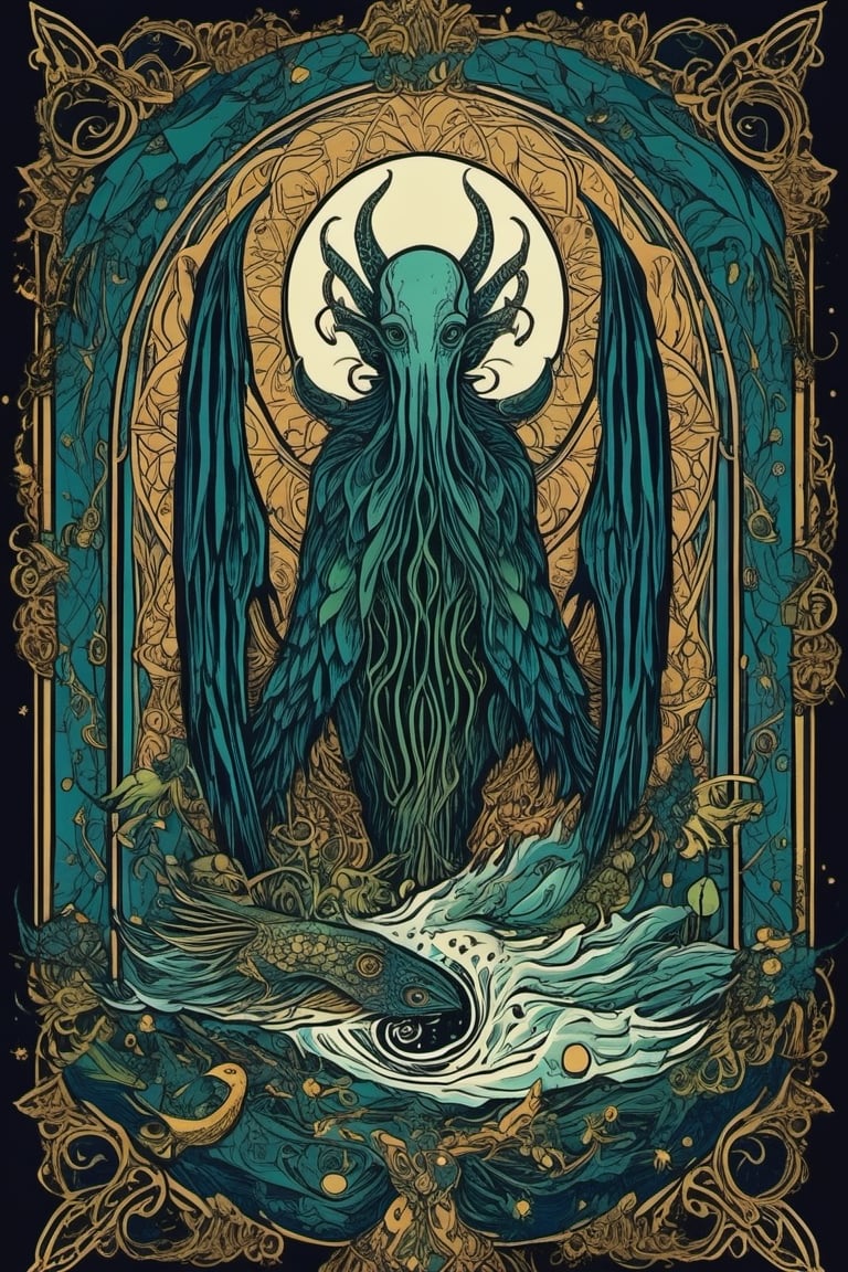 Tarot Card Style, card, masterpiece, best quality,  cempoalxochitl, flat color, lineart, abstract, ornate, dark theme, (tarot), aw0k straightsylum, (frame), Cthulu art style