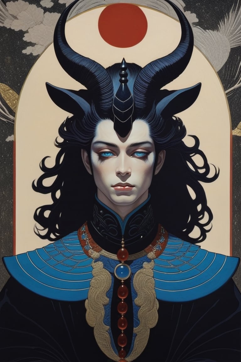 gorgeous dark male prince, flowing long black hair, Fantasy forest, Over-the-shoulder shot, Ancient Egyptian, Ukiyo-e, by Takato Yamamoto, Cinematic, colorful palette, 8k, best quality, masterpiece, aesthetic portrait, ukiyoe ,monster, photo r3al, the devil prince, devil_horns, dark_skin, extreme long hair, light_blue_eyes, aqua_eyes, full body