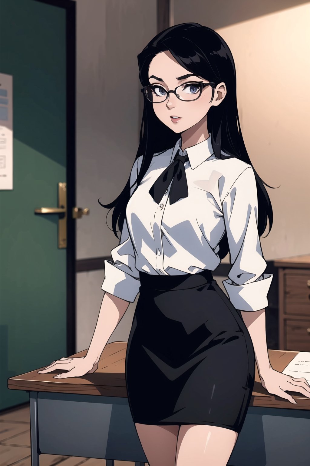 ,pencil_skirt,blouse,glasses,very_long_hair,,desk, ,