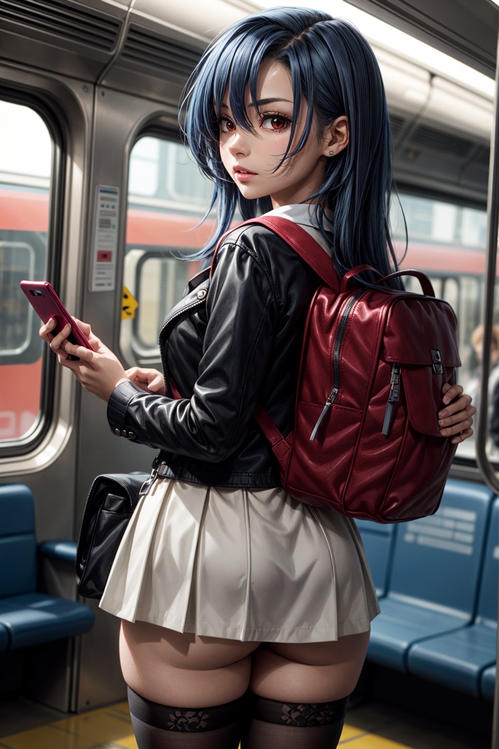1girl, ass, solo, thighhighs, phone, grey skirt, looking at viewer, bag, looking back, skirt, backpack, black hair, cellphone, jacket, train interior, skirt lift, from behind, holding phone, long hair, clothes lift, smartphone, holding, bangs, no panties, parted lips, school uniform,cameltoe,tsurime,Anime,More Detail,valentineSG