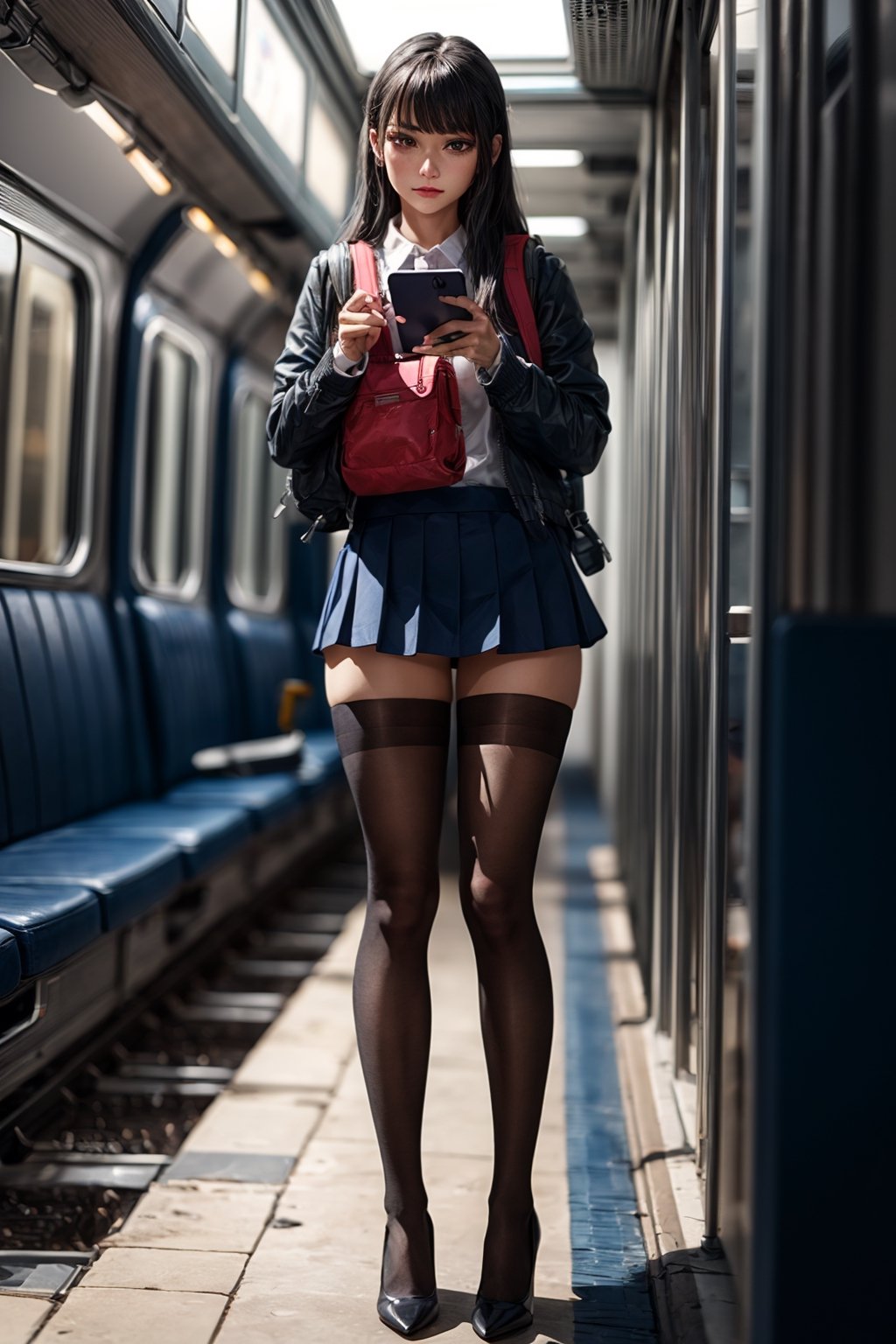 1 girl, ass, solo, thighs, phone, gray skirt, looking at viewer, bag, lean forward, forward, backpack, black hair, cell phone, jacket, inside train, up skirt, high heels, (high heels) holding the phone, long hair, lifter, smartphone, holding, bangs, no panties, embarrassed, embarrassed expression, school uniform, anime, more details, dr24amaryllis, photograph taken from very far away, photograph taken from a full angle, with cinematic lighting, with full shot, (full body), 55 mm lens, production quality, depth of field, film photography, professional color grading, exquisite details, sharpness. -focus, intricately detailed, f/2.8, realistic photography, real lighting, studio lighting, decorative lighting, GB shift, ray tracing, antialiasing, FKAA, TXAA, RTX, SSAO, shaders, tone mapping, CGI, VFX , SFX, tights,Agatha