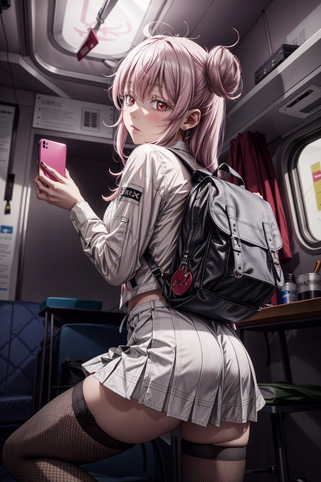 1 girl, ass, alone, thighs, phone, gray skirt, looking at viewer, bag, looking back, skirt, leaning forward, forward, backpack, black hair, cell phone, jacket, inside train, lifting skirt, high heels, ( high heels) holding phone, long hair, lifter, smartphone, holding, bangs, no panties, embarrassed, embarrassed expression, school uniform, anime, more details, dr24amaryllis, photograph taken from far away, photograph taken from a full angle, With cinematic lighting, with full shot, 55 mm lens, production quality, depth of field, cinematographic photography, professional color grading, exquisite details, sharpness. -focus, intricately detailed, f/2.8, realistic photography, real lighting, studio lighting, decorative lighting, GB shift, ray tracing, antialiasing, FKAA, TXAA, RTX, SSAO, Shaders, tone mapping, CGI, VFX , SFX,stockings,goth girl