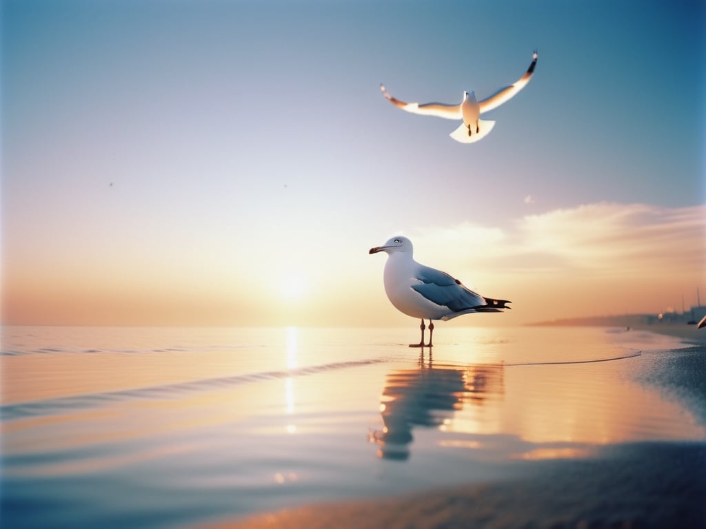 Dressed in white, fancy style, Sunset, A gentle burst, Seagull, Sound of wind,Silence, Reflection, Analog film, Volumetric lighting, Shot on cinestill 50d, Blue cinematic lighting, Photo by ARRI ALEXA 35