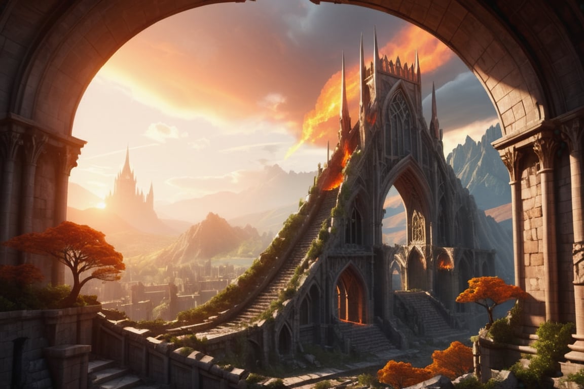 wrench_elven_arch, A sky ablaze over an elven city in ruins with gothic architecture, surrounded by ominous demonic veins mountains,DonMD3m0nV31ns,EpicArt