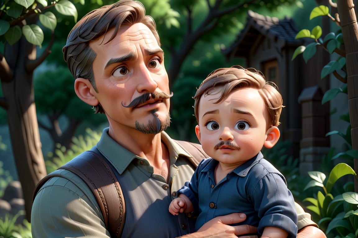 shadows (((masterpiece))), high quality, extremely detailed, 4K, 8K, (nature:1.3), (father of short mustache and goatee with his one baby in his arms:1.3), super fine illustration, line art, approaching perfection, insanely detailed, concept art, epic, cinematic. Unreal engine 5,ink,Stylish,3D,Cartoon,3d style