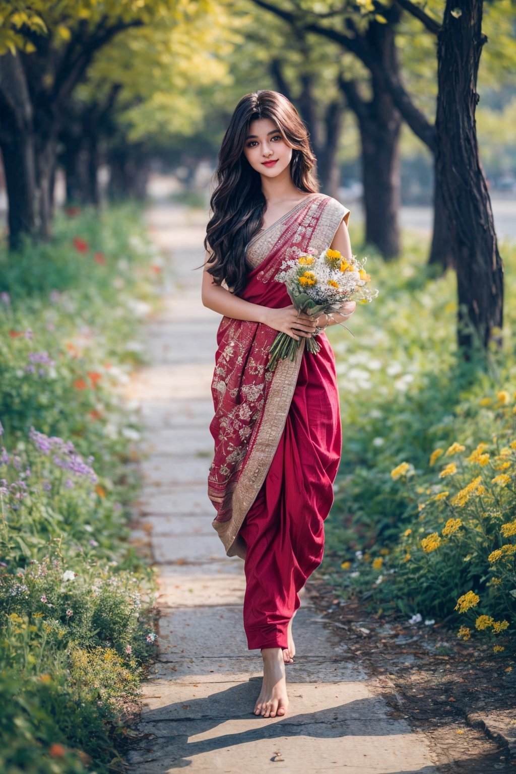 lovely cute young attractive indian girl, brown eyes, gorgeous actress, 19 years old, cute, an Instagram model, long blonde_hair, colorful hair, winter, Indian, Walking barefoot along a path, holding a bouquet of wildflowers,vonnyfelicia