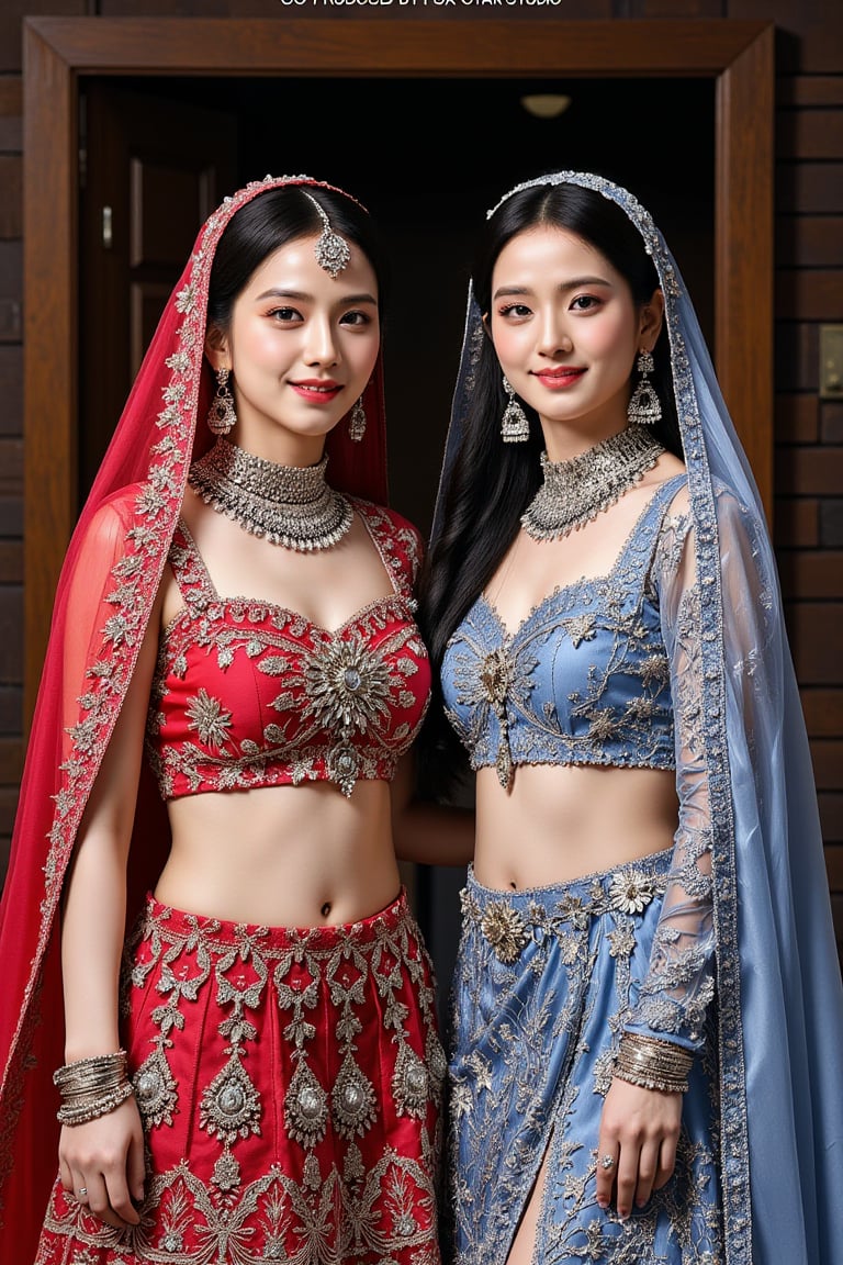 Two women in ornate Indian bridal attire standing side by side. They wear heavily embellished lehengas, cholis (cropped blouses), and long veils. Both have elaborate jewelry including necklaces, nose rings, and head ornaments. The woman on the left wears a red and gold outfit, while the one on the right is in blue and silver tones. They are smiling at the camera. The setting appears to be a film or photo shoot, with 'CO-PRODUCED BY FOX STAR STUDIO' visible at the top of the image