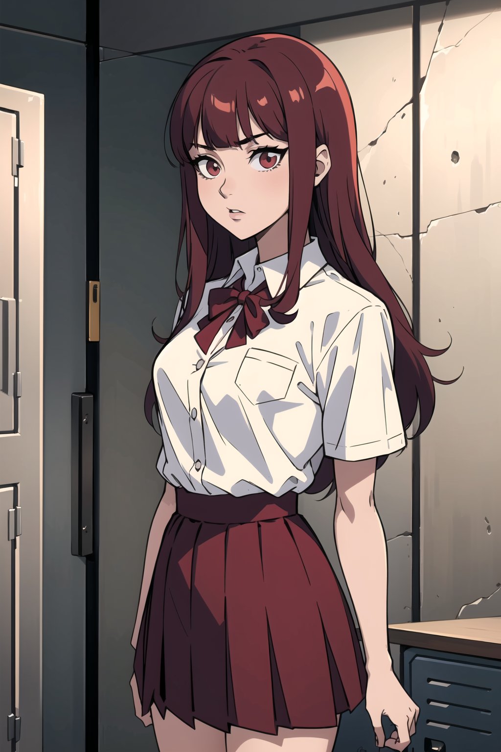 1girl, solo, long hair, bangs, skirt, shirt, school uniform, white shirt, short sleeves, red hair, cowboy shot, pleated skirt, collared shirt, blunt bangs,  red skirt, locker