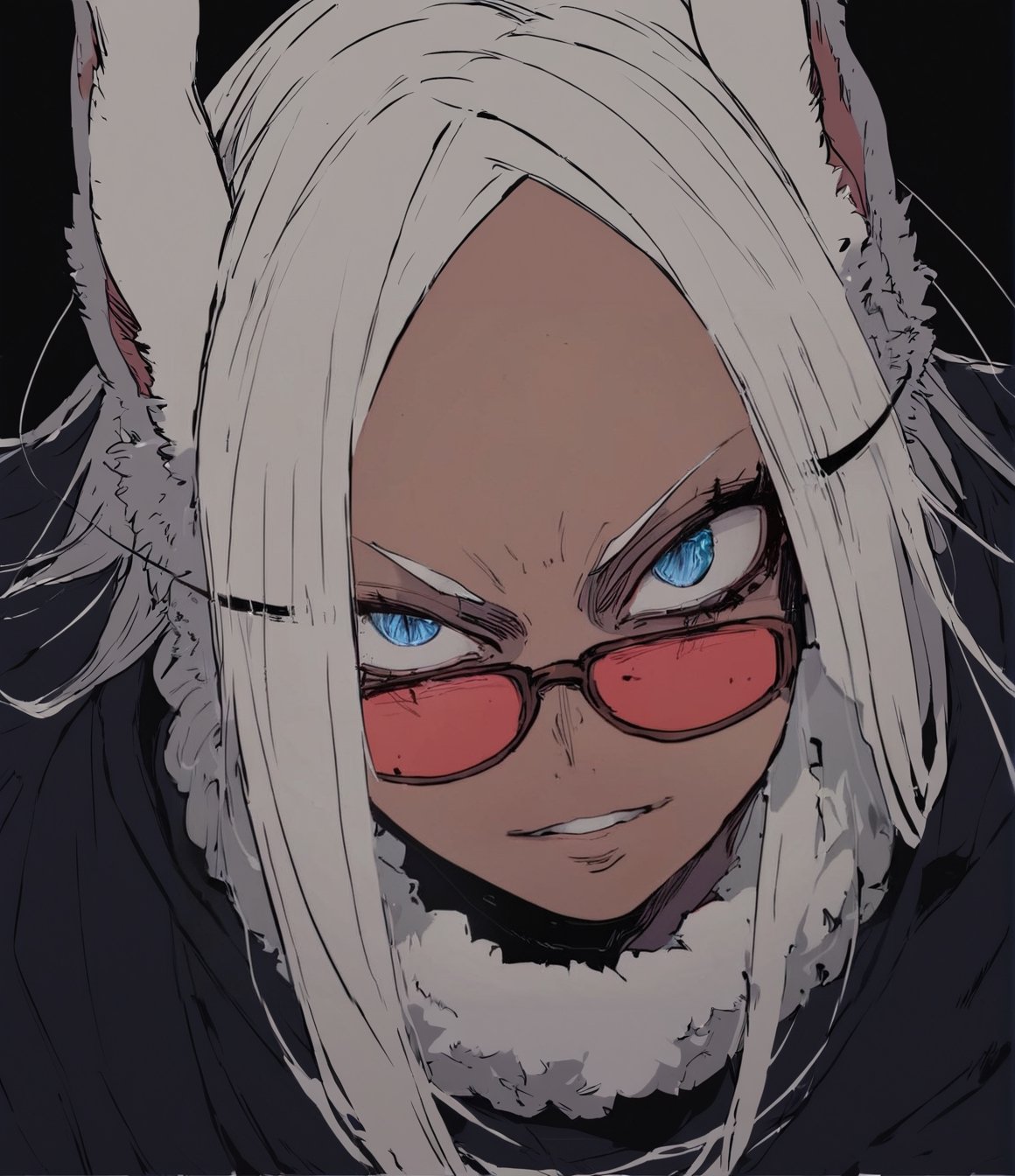 (score_9, Score_8_up), Score_7_up, zPDXL, Sarada Uchiha, solo, 1 girl, white hair, long hair, red rimmed glasses, glasses, blue eyes, dark, dark theme, black cape, upper body, black cape, bags under eyes, looking at viewer, slit pupils, dark background, sinozick style, flat color, gothic girl, evil look, dark environment, dark circles, Beautiful Eyes,rumi usagiyama