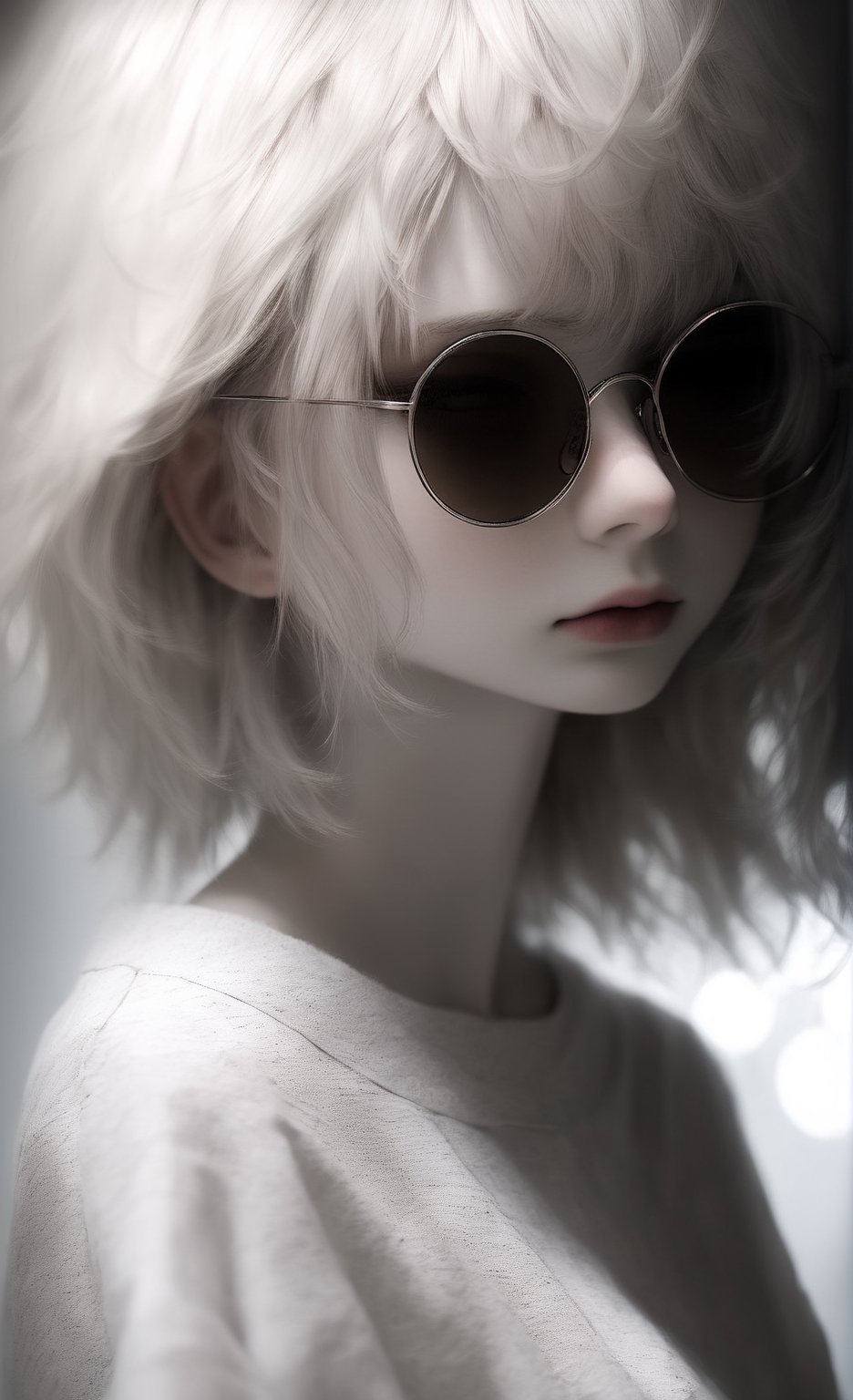 ((Bokeh:1.5)),((Soft focus:1.5)),(Fog),((blur)),, emo, beautiful young albino girl, 20 years old, alabaster skin, very short brown hair, wearing glasses sun, round glasses ((messy hair)), (dark circles in the eyes), ((view from the side: 1.5)), the girl has beautiful red eyes, soft expression, depth and dimension in the pupils, detail, shadows, light, masterpiece, dresses a delicate white fractal lace printed dress, creating a sense of movement and depth. perfect tits, 3d toon style, round sunglasses, big breasts, dark clothing, t-shirt, emo dark circles,dal