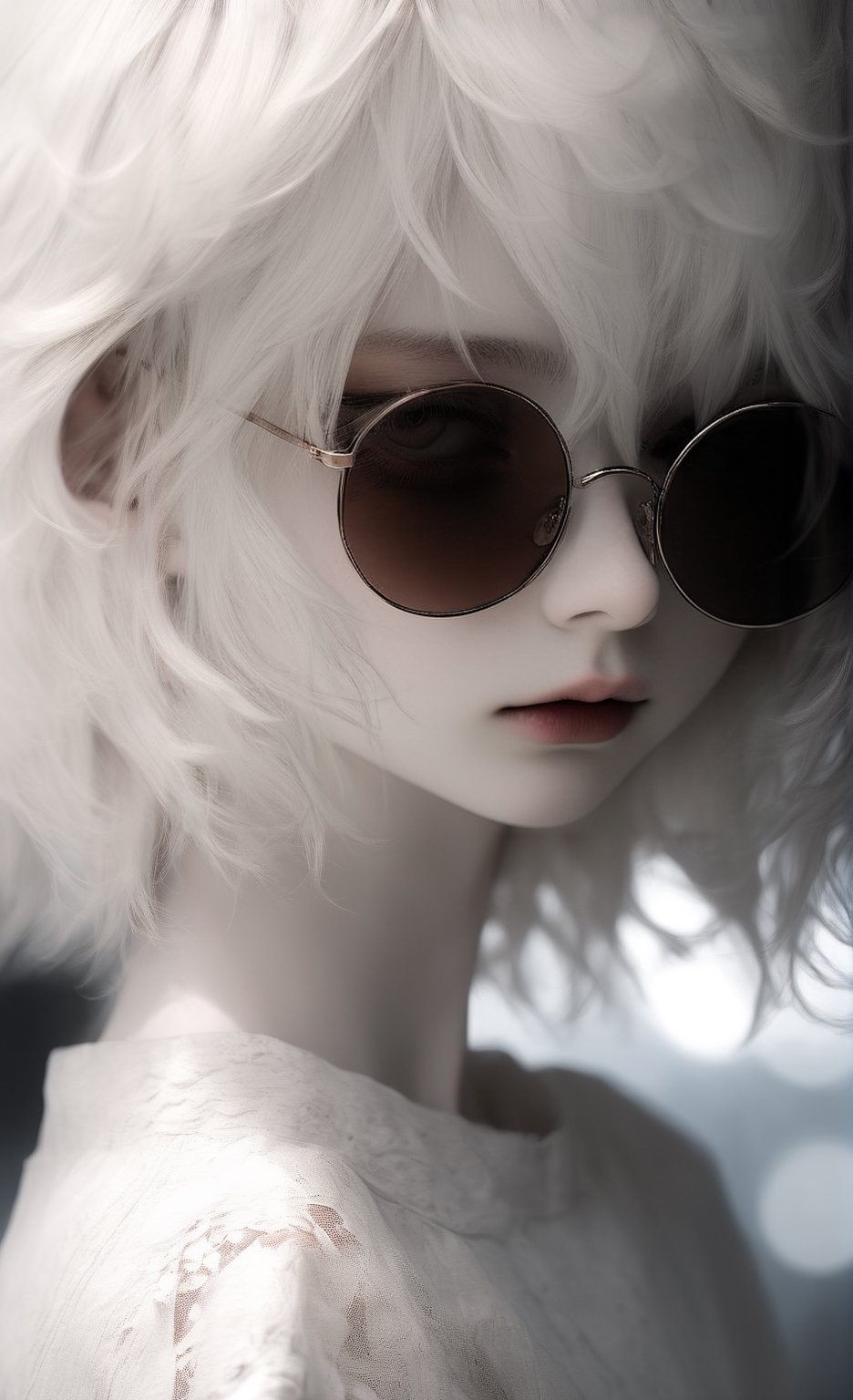 ((Bokeh:1.5)),((Soft focus:1.5)),(Fog),((blur)),, emo, beautiful young albino girl, 20 years old, alabaster skin, very short brown hair, wearing glasses sun, round glasses ((messy hair)), (dark circles in the eyes), ((view from the side: 1.5)), the girl has beautiful red eyes, soft expression, depth and dimension in the pupils, detail, shadows, light, masterpiece, dresses a delicate white fractal lace printed dress, creating a sense of movement and depth. perfect tits, 3d toon style, round sunglasses, big breasts, dark clothing, t-shirt, emo dark circles,dal