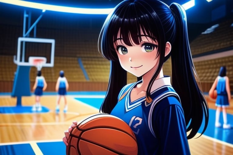 +Masterpiece, best quality, super detailed, Anime girl, long_hair black with short bangs, average_breasts, black and blue basketball uniform, basketball court at night, standing to the right, holding a basketball, smiling