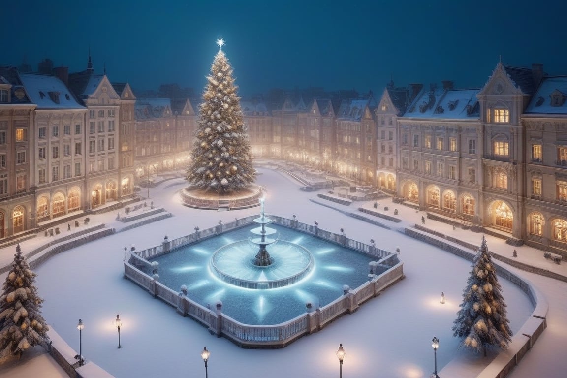 snowy christmas night,design, holiday city with christmas tree in the center square, frozen water fountain, holiday decor on all the building,  fluffy snow on the ground, ground view,ste4mpunk,christmas, top view