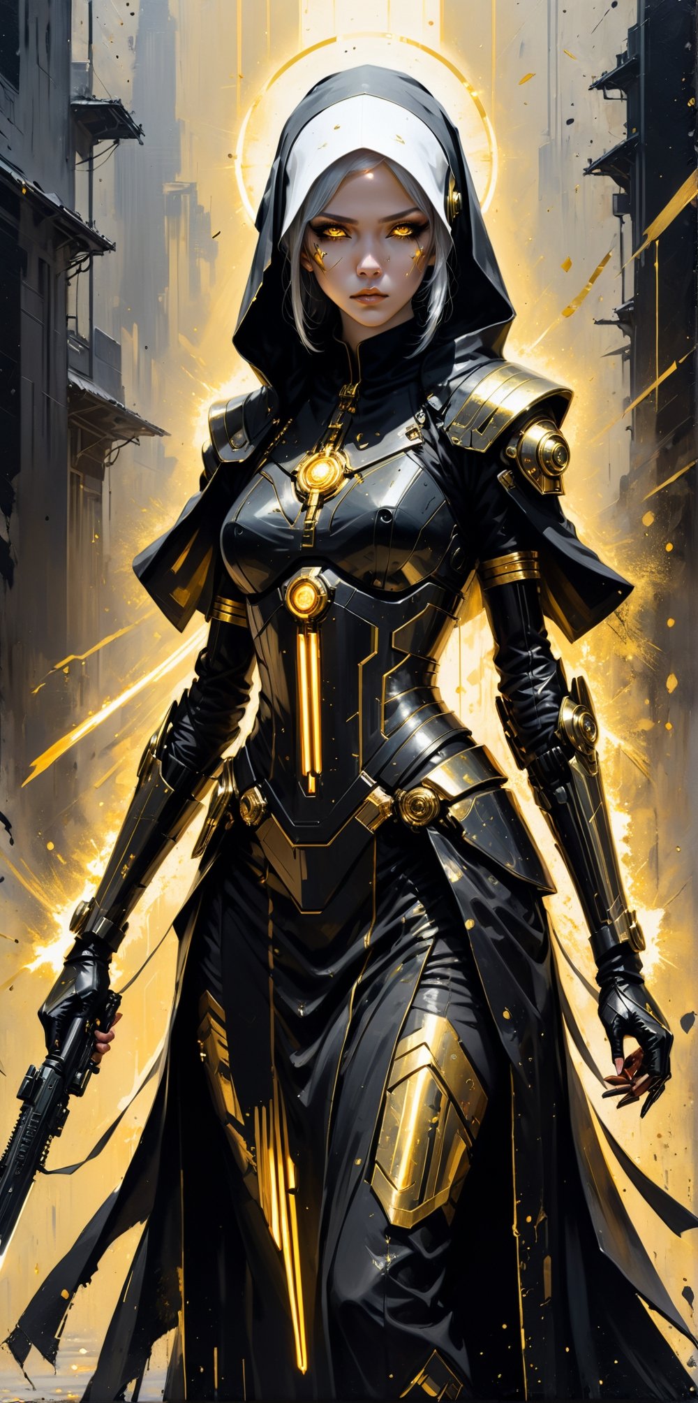 Elegant, highly detailed painting capturing a cyborg nun in the act of a deadly stance, futuristic weapon in hand, eyes emitting a luminous glow, body adorned with gold and black stripes, manga-inspired aesthetic mixed with low poly minimalism, oil splatter technique enhancing the visceral feel, prominent canvas texture, backdrop of an urban portrait rendered on seemingly cracked paper, harsh brushstrokes convey movement, digital techniques imitate traditional craft art, digital painting, heavy, ultra-fine ink, manga style,art by sargent
