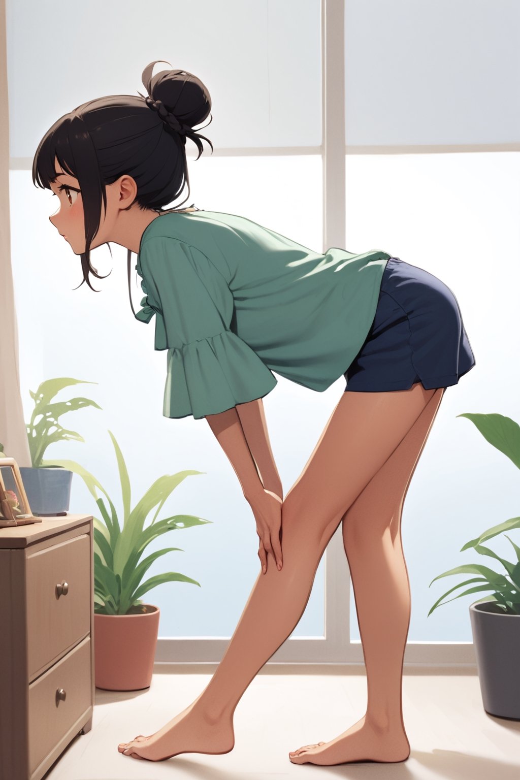 cute girl, bending over, hands on knees, green blouse, barefoot, shorts skin, brown eyes, messy bun hairstyle, bedroom, plants, black hair, side view