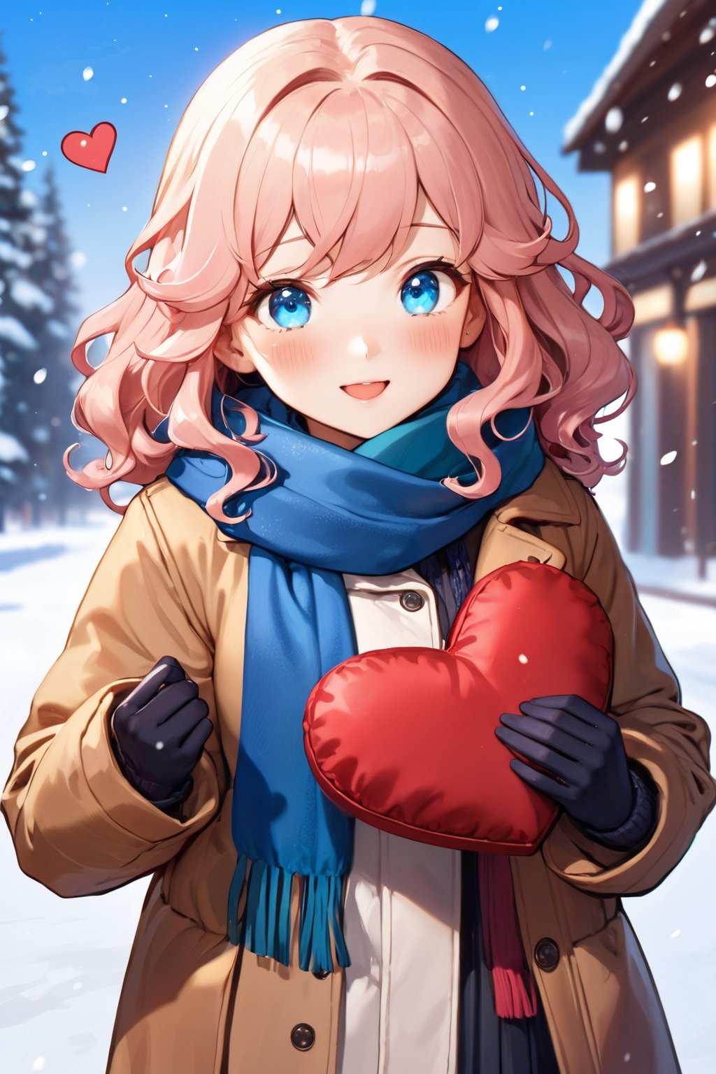 cute girl, holding heart pillows, tan winter coat, blue scarf, pink wavy hair, snowing, blue eyes, blushing