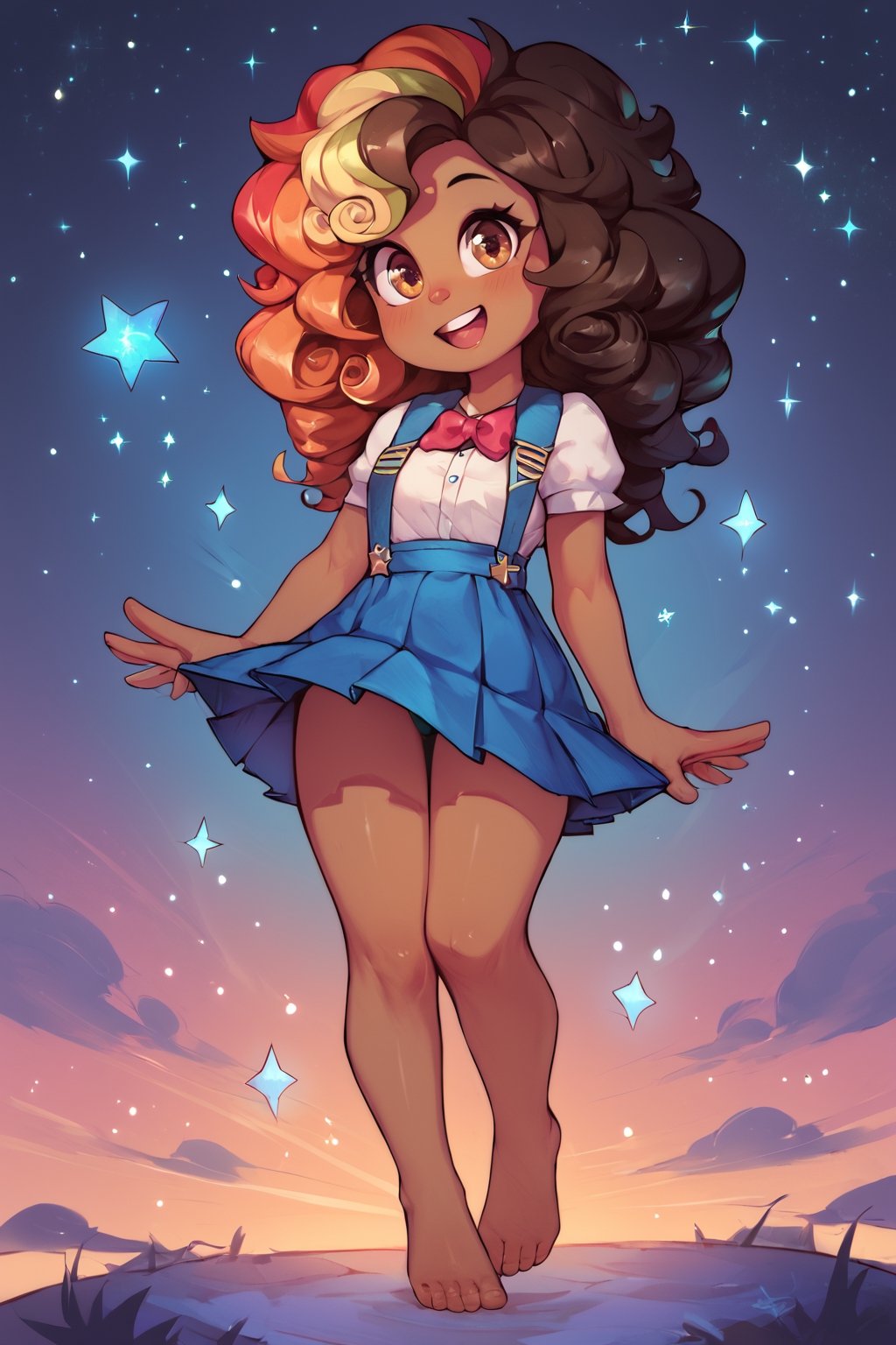 score_9, score_8_up, super cute style, A cute young black woman with long curly hair, wearing a rainbow colored short skirt and top, stands on her toes. Full body character, big brown eyes and tan skin. stars and sparkles, barefoot, outdoors