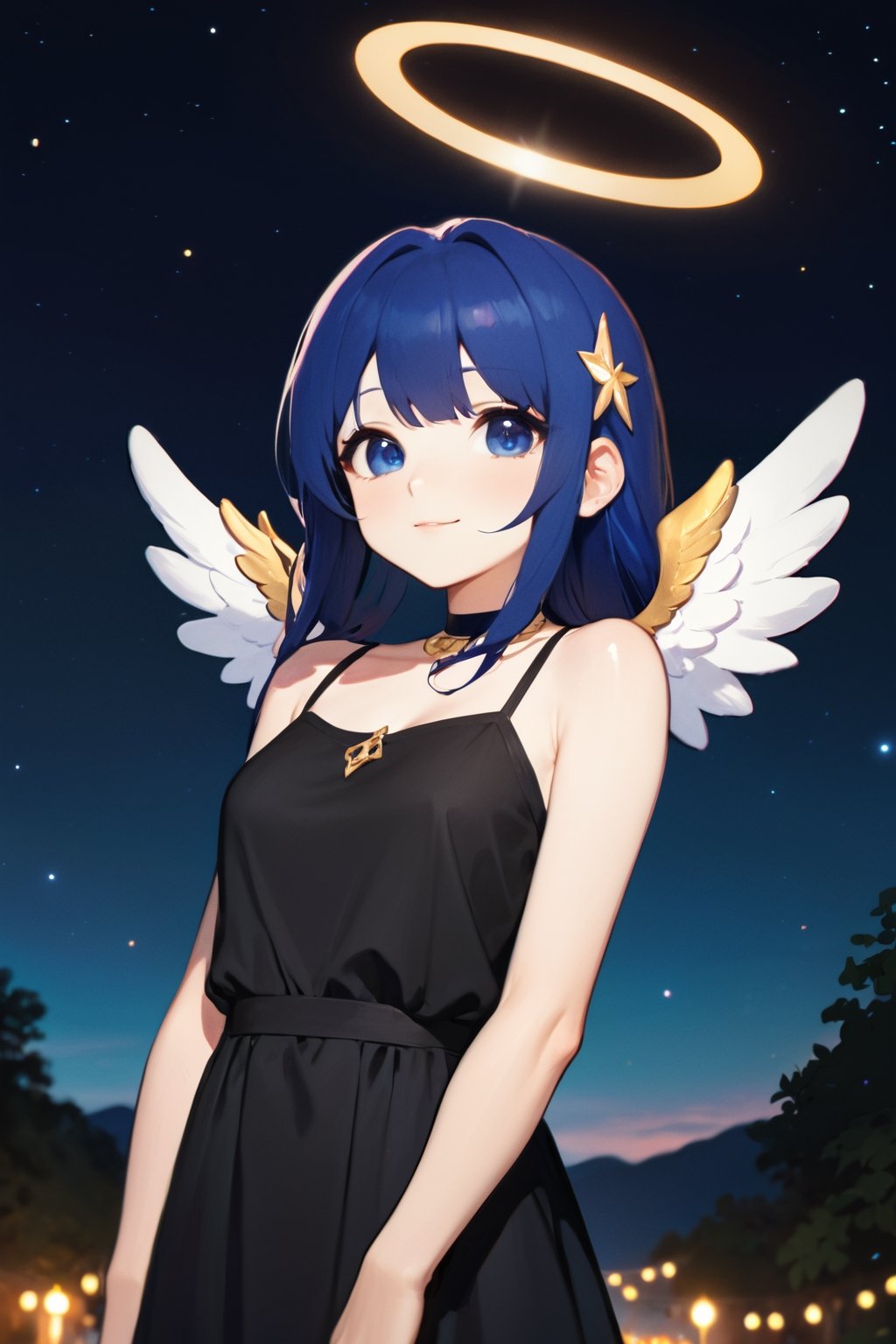 1girl, dark blue hair, outdoors, night sky, gold halo, angel wings