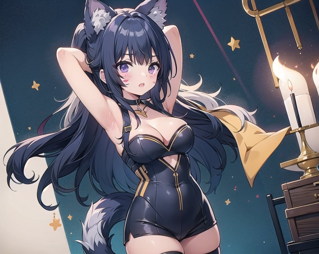 (black thigh highs), black hair, large breasts, high waist black leotard, choker, cleavage, ((((perfect hands)))), female_solo, 1girl, solo_focus, long_ponytail, delta, purple facial mark, animal ears, purple eyes, tail, wolf ears, (long fluffy black tail), low angle, crotch shot, from below view, cowboy shot, delta, black miniskirt, arms up hands behind head,delta