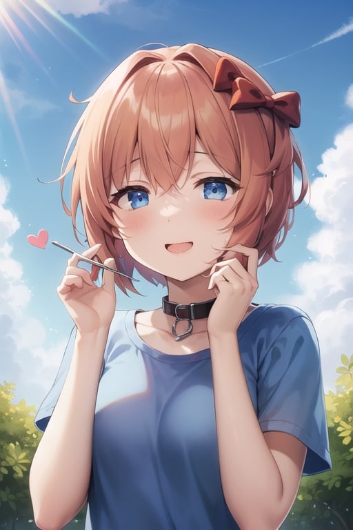 sayori, blue eyes, red hair, hair bow, red bow,bow,short hair,perfec girl,solo_female, outdoors,camiseta rosa,collar con un corazón dorado, una cena de ensueño, cielo azúl hermoso, una increíble felicidad en su rostro, postres deliciosos en la mesa
