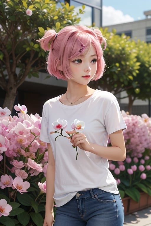 natsuki, pink hair, two side up, bangs, pink eyes, hair ornament, hairclip, swept bangs, hair ribbon, short hair,small breasts ,casual clothes,white t_shirt,blue jean,Ladie delicate and beautiful such as roses, fragrant such as orchids, elegant such as plum blossom, expensive such as peony, they, flowers may not be beautiful, but they must have beautiful flowers.happy, outdoors, cowboy_shot,school uniform