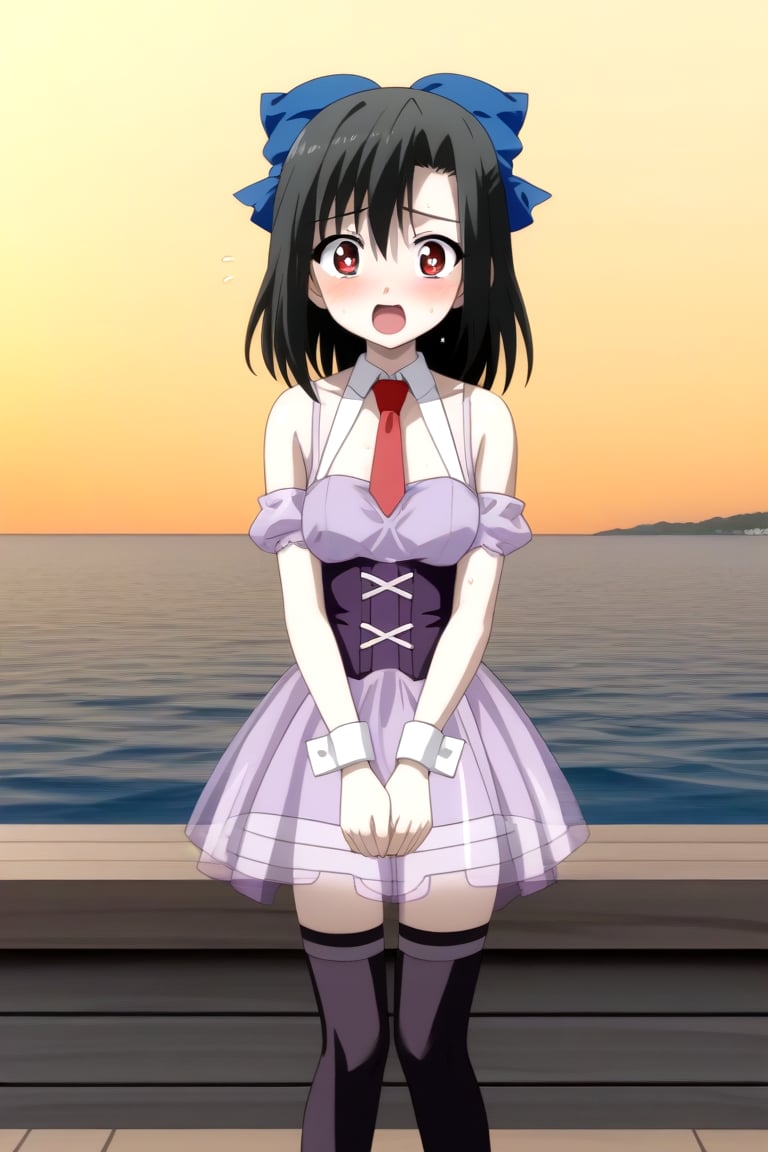 Highly detailed, High Quality, masterpiece, beautiful, source_anime, 1girl, solo, (young woman), (16 old), Setsuna Kiyoura, black hair, red eyes, short_hair, hair bow, blue bow, tiny breasts, surprised face, excited, flushed cheeks, bright pupils, apricot eyes, ((Uniform Radish )), bare shoulders, necktie, red necktie, detached collar, corset, detached sleeve, thighhighs, dress, ((purple dress)), (miniskirt, transparent skirt), wrist_cuff, on_knees, nervous, sweating, O-face, ocean, sunset, near pier, Front view, full_body,