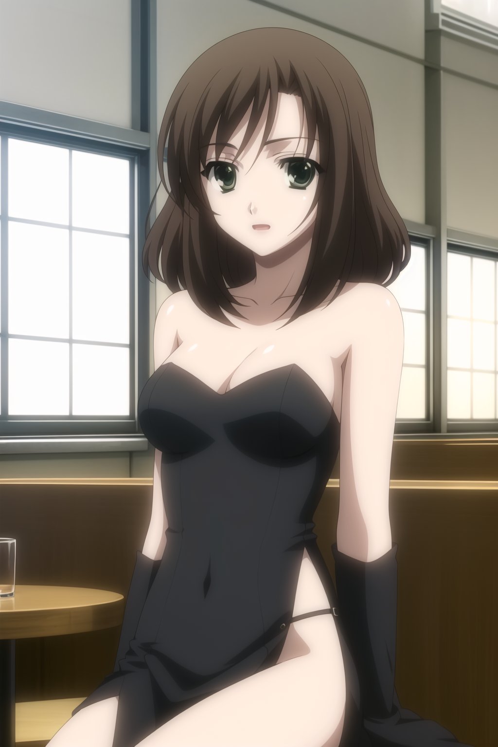 HD, 8k, highres, mantialiasing, Highly detailed, High Quality, masterpiece, beautiful, 1girl, solo, (feminine focus, madure woman, 32 years old), kumi mori, (brown hair, green eyes:1.5), medium hair,
BREAK ((black dress:1.5)), (long dress, side slit, strapless dress, bare shoulders, jewelry, long gloves, lipstick), 
BREAK indoors, ((restaurant, windows showing a dusk, chair, tables)), ((dark environment:1.5)),
BREAK looking_at_viewer, sitting, full_body, ((Focus breasts)), 