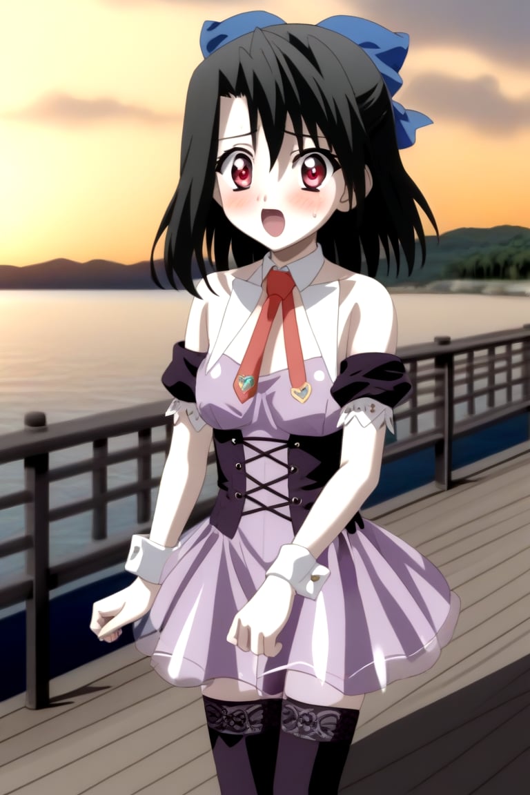 Highly detailed, High Quality, masterpiece, beautiful, source_anime, 1girl, solo, (young woman), (16 old), Setsuna Kiyoura, black hair, red eyes, short_hair, hair bow, blue bow, tiny breasts, surprised face, excited, flushed cheeks, bright pupils, apricot eyes, ((Uniform Radish )), bare shoulders, necktie, red necktie, detached collar, corset, detached sleeve, thighhighs, dress, ((purple dress)), (miniskirt, transparent skirt), wrist_cuff, on_knees, nervous, sweating, O-face, ocean, sunset, near pier, Front view, full_body,