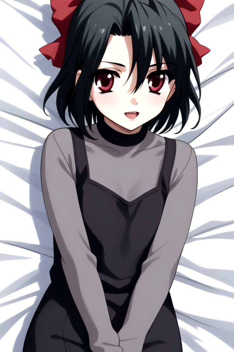 Highly detailed, High Quality, masterpiece, beautiful, 1girl, solo, (feminine focus, young woman, 16 years old), Setsuna Kiyoura, black hair, red eyes, hair bow, red bow, tiny breasts, short hair, :o, Open mouth,
BREAK grey t-shirt, grey long sleeves, turtle neck, lift dress,
BREAK bedroom,
BREAK looking_at_viewer, ((lying_down)), far_from_viewer, side view, full_body, focus face,