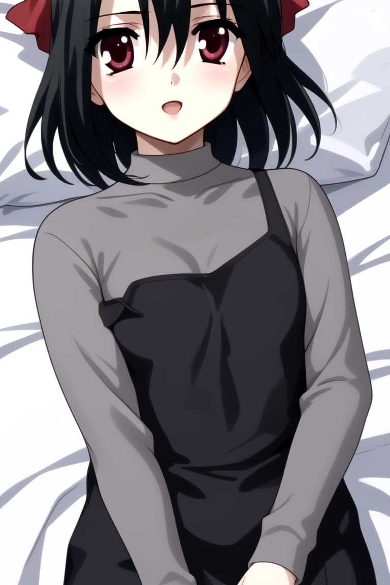 Highly detailed, High Quality, masterpiece, beautiful, 1girl, solo, (feminine focus, young woman, 16 years old), Setsuna Kiyoura, black hair, red eyes, hair bow, red bow, tiny breasts, short hair, :o, Open mouth,
BREAK grey t-shirt, grey long sleeves, turtle neck, lift dress,
BREAK bedroom,
BREAK looking_at_viewer, ((lying_down)), far_from_viewer, side view, 