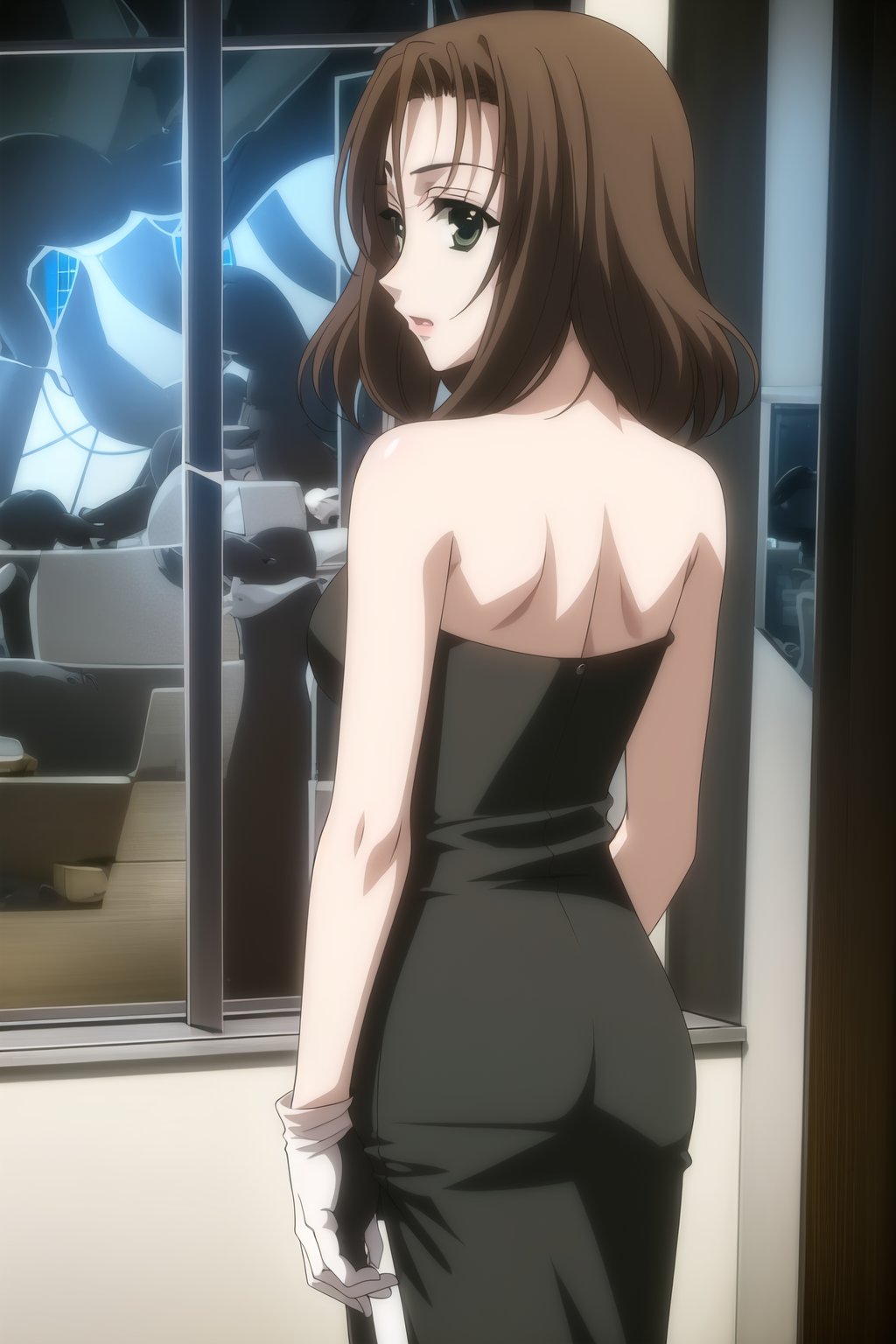 HD, 8k, highres, mantialiasing, Highly detailed, High Quality, masterpiece, beautiful, 1girl, (solo:1.8), (feminine focus, madure woman, 32 years old), kumi mori, (brown hair, green eyes:1.5), medium hair,
BREAK ((black dress:1.5)), (long dress, side slit, strapless dress, bare shoulders, jewelry, long gloves, lipstick), 
BREAK ((hotel, indoors, windows, dark environment:1.8)),
BREAK looking_at_viewer, standing, from_behind, front view, upper_body, ((Focus ass:1.2)), 