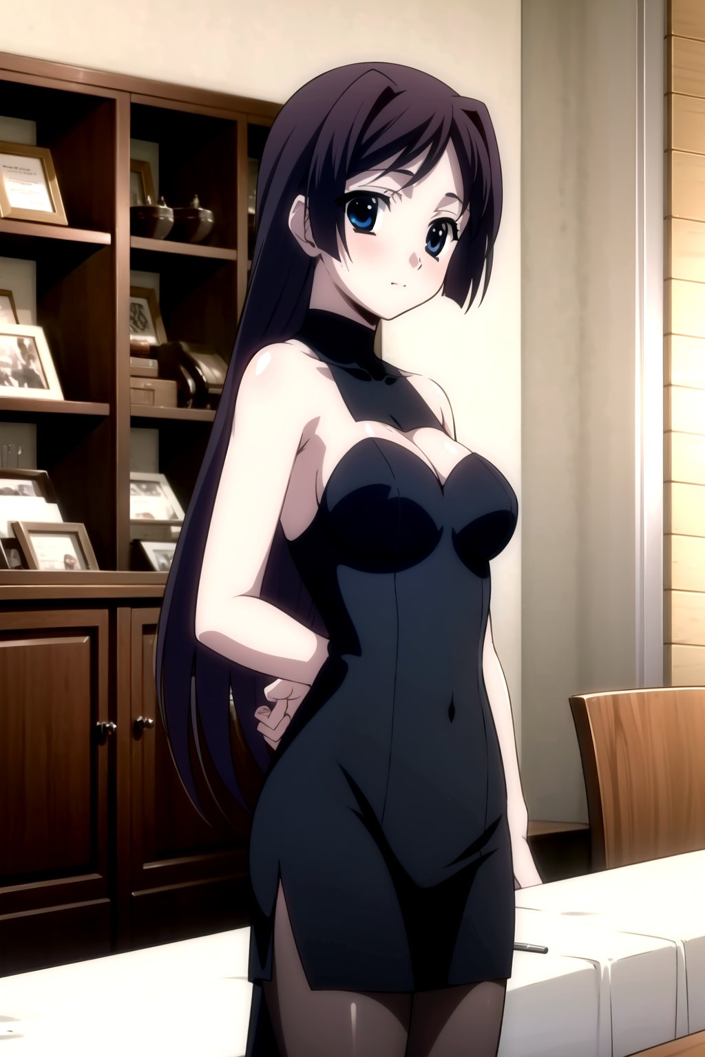 Highly detailed, High Quality, masterpiece, beautiful,
BREAK 1girl, solo, (young woman, 16 years old), roka kitsuregawa, (long hair), purple hair, blue eyes,
BREAK (bare shoulders, black dress, black sleeves), (medium breasts), 
BREAK (BREAK (background of a luxurious restaurant,:1.5),
BREAK looking_back, solo focus, 