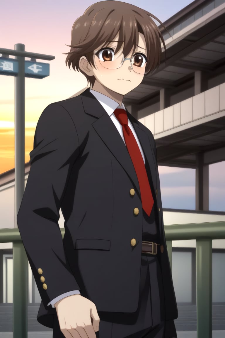 HD, 8k, highres, mantialiasing, Highly detailed, High Quality, masterpiece, beautiful, source_anime, 
BREAK 1boy, solo, male focus, yuuki ashikaga, brown hair, Brown eyes, ((short hair)), (nervous look:1.5), 
BREAK school uniform, shirt, pants, black jacket, red tie, black pants, long pants, glasses,
BREAK train station, sunset, outside
BREAK front view, standing, Upper body, From SIDE,