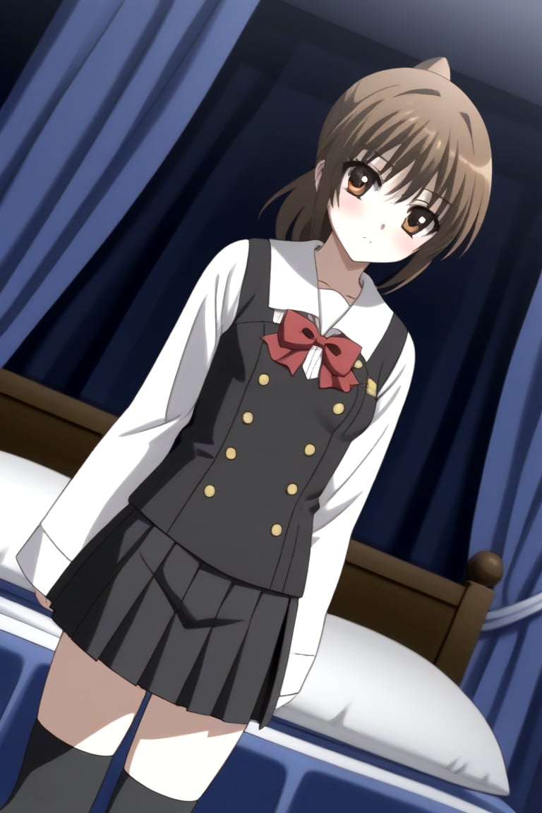 HD, 8k, highres, mantialiasing, Highly detailed, High Quality, masterpiece, beautiful, source_anime, 1girl, solo, (feminine focus, young woman, 16 years old), Otome Katou, brown hair, brown eyes, medium hair, ponytail, ((tiny_breasts)), school uniform, ((shirt sleeves:1.5)), (long sleeves, white sleeves), ((black vest)), pleated skirt, ((black skirt, waist-length skirt:1.2)), thighhighs, black thighhighs, zettai ryouiki, ((dark environment)), curtains, room, bed, on_knees, dutch angle, 